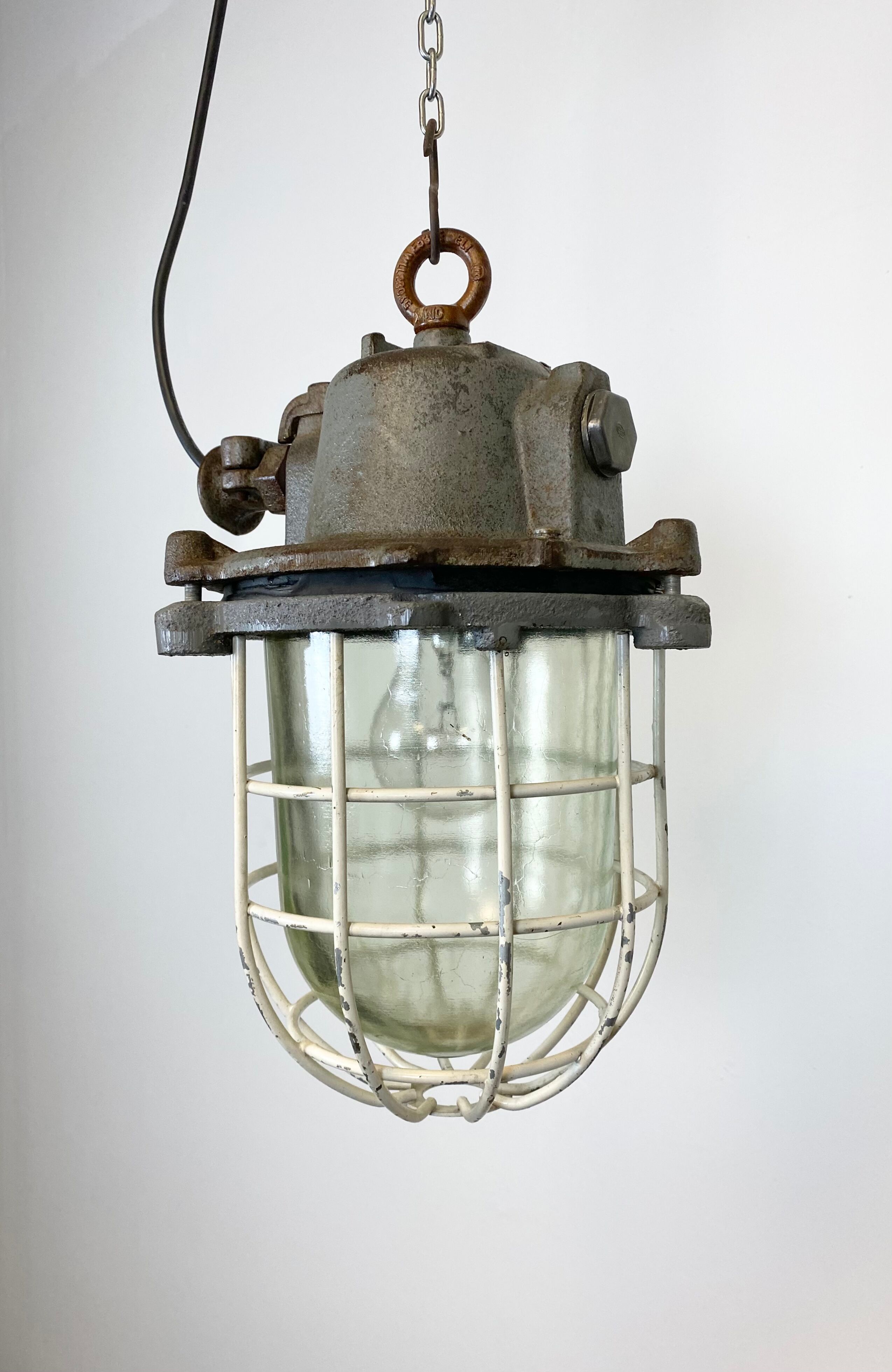 Grey cast iron industrial cage pendant light, 1970s