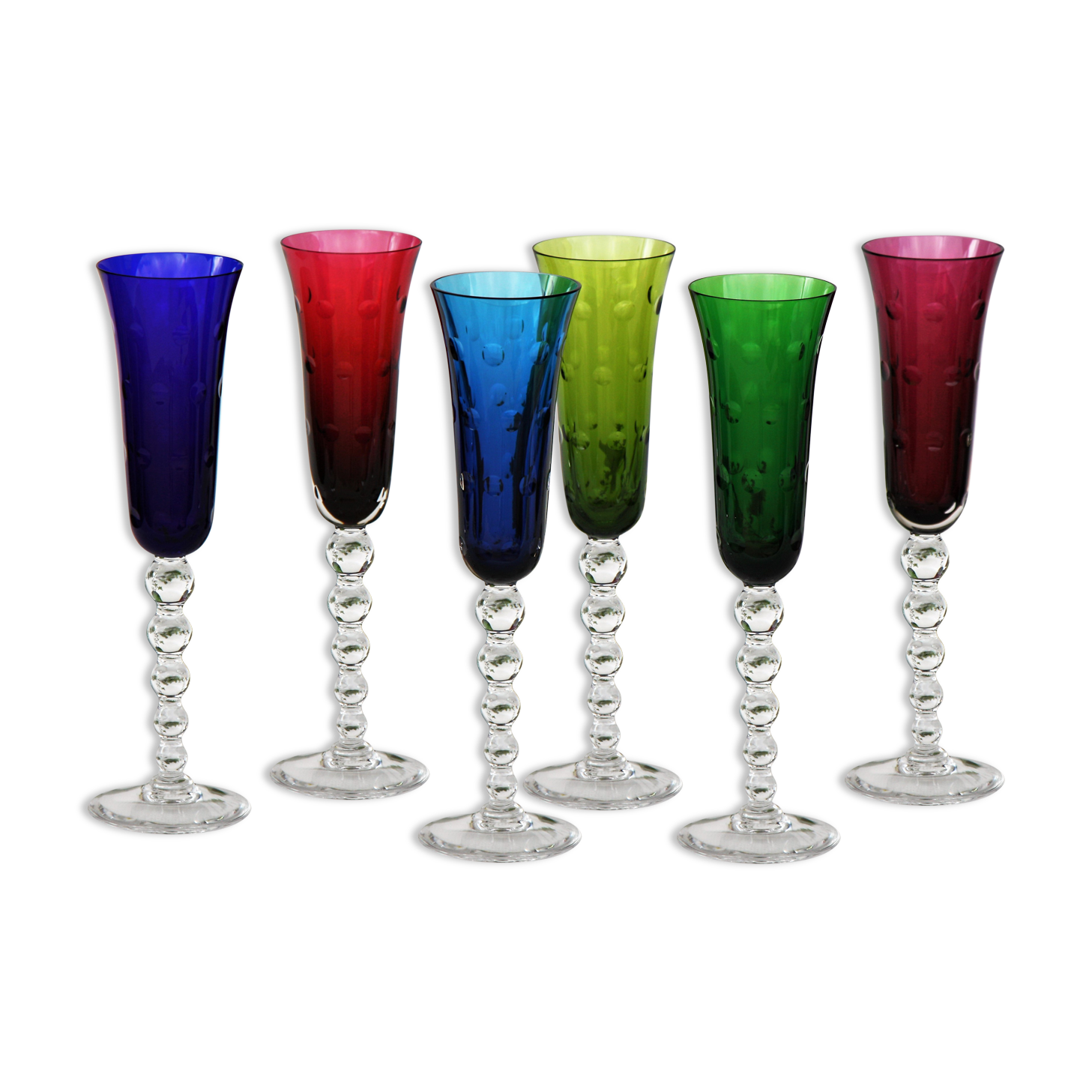Model Bubbles series of 6 color St Louis Crystal champagne flutes