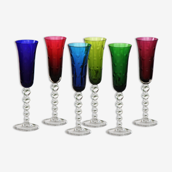 Model Bubbles series of 6 color St Louis Crystal champagne flutes