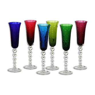 Model Bubbles series of 6 color St Louis Crystal champagne flutes