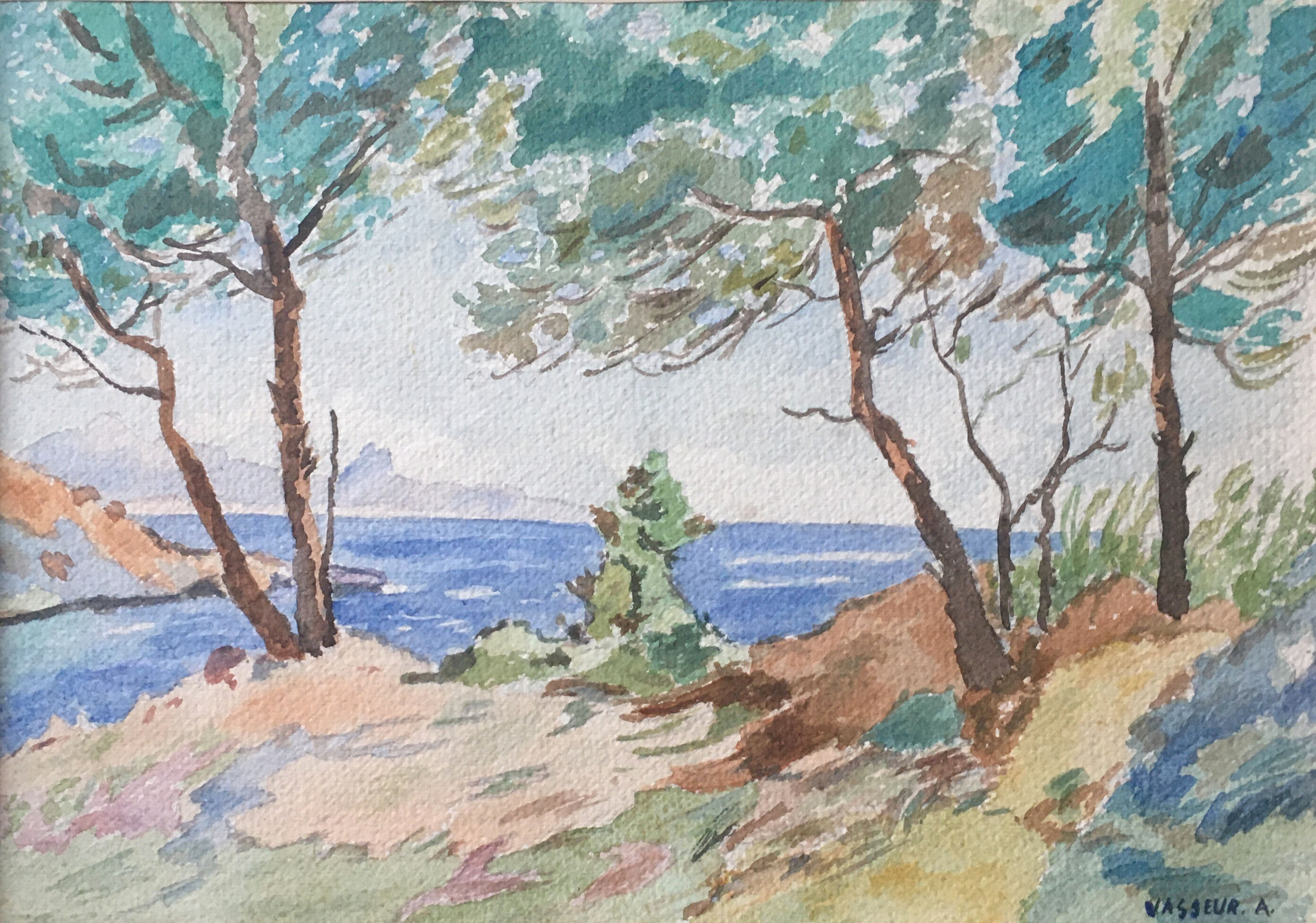 Tableau Aquarelle "Bord de mer arboré"