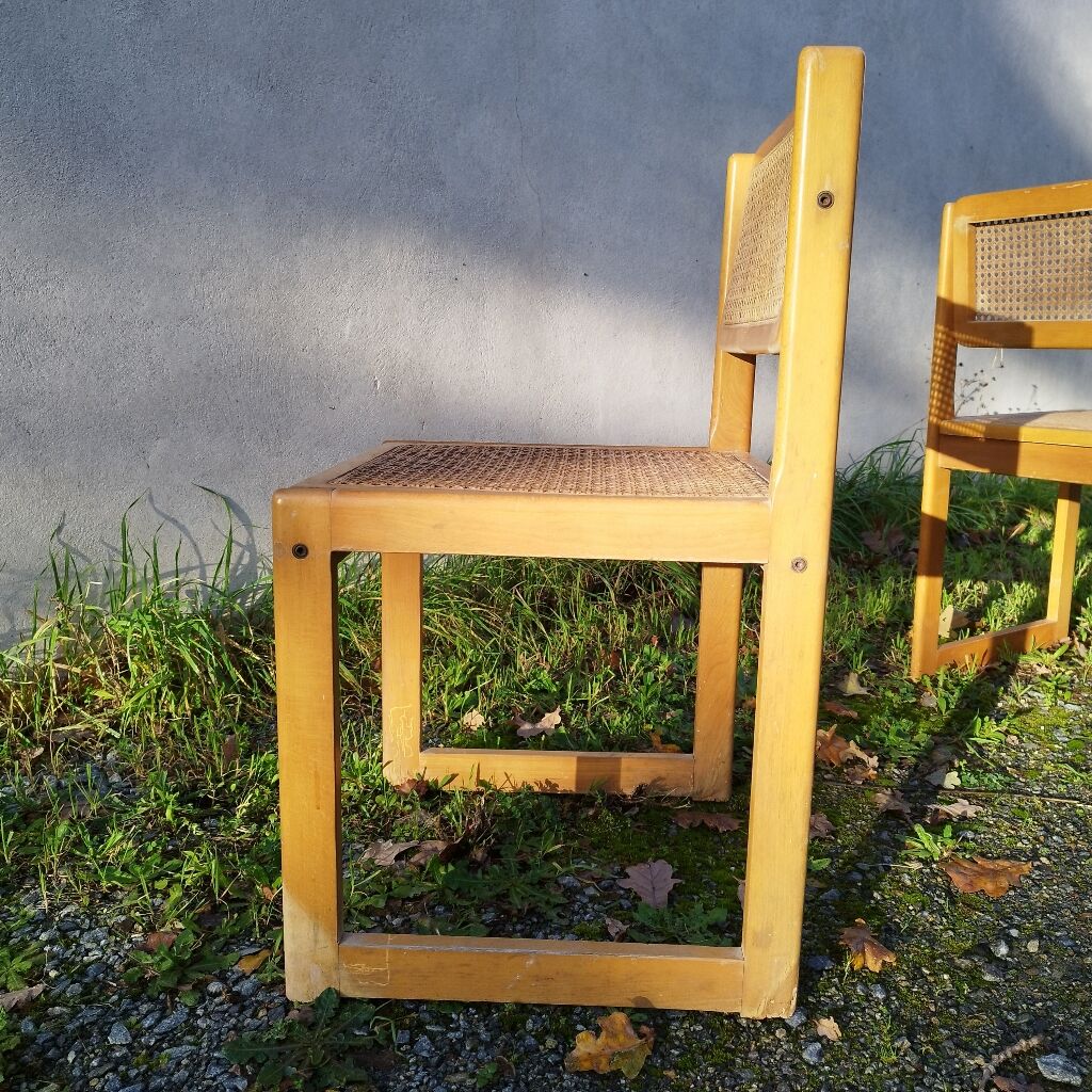 Pair of vintage varnished wood tanned chairs
