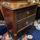 Petite commode XIXe 2 tiroirs et tablette d'entrejambes acajou massif Louis