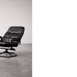 Vintage Mid-Century Danish Modern Black Leather Swivel Chair and Ottoman