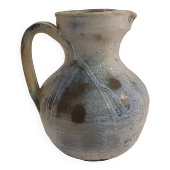Ancien Pichet pansu poterie vase grès céramique vernissée bleu gris vintage