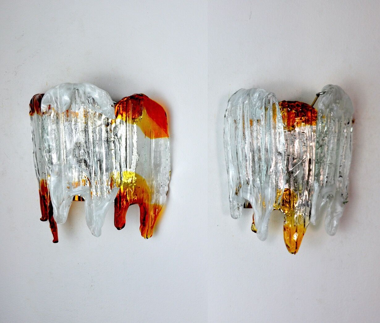 Pair of wall lamps, orange Murano glass, Italy, 1960