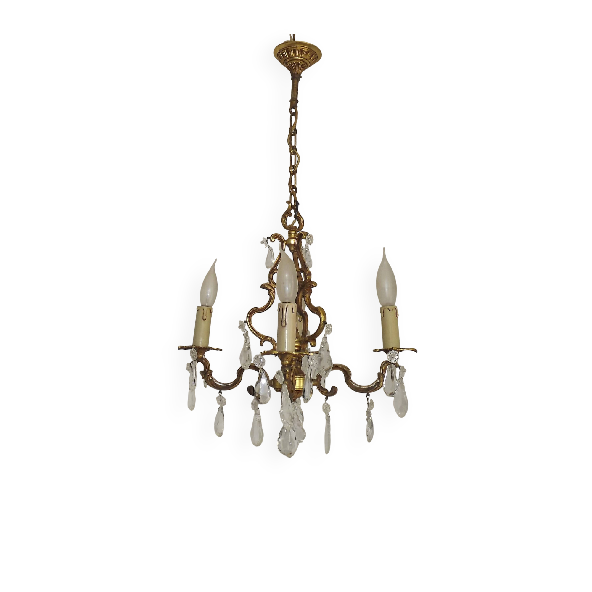 French Antique Art Nouveau 4 Light 3 Side Brass Crystal Cage Chandelier