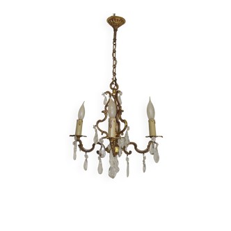 French Antique Art Nouveau 4 Light 3 Side Brass Crystal Cage Chandelier