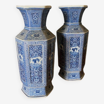 Pair of Japanese hexagonal blue background vases with cut sides DEC 739