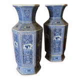 Pair of Japanese hexagonal blue background vases with cut sides DEC 739