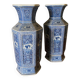 Pair of Japanese hexagonal blue background vases with cut sides DEC 739