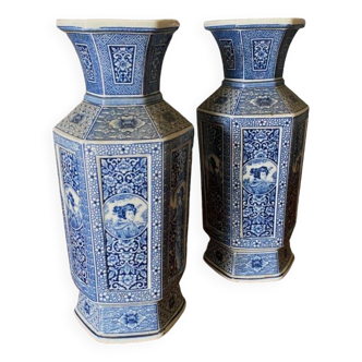 Pair of Japanese hexagonal blue background vases with cut sides DEC 739