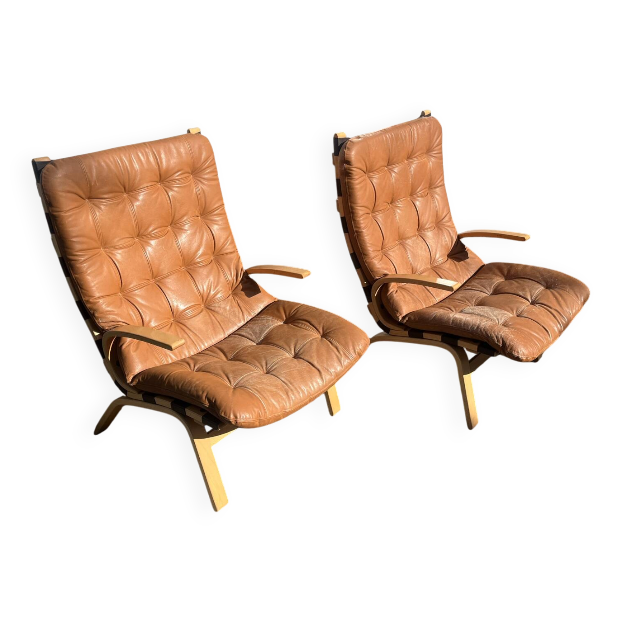 Rare 1970s Danish Modern 'Miljø' Easy Chairs in Cognac Aniline Leather