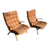 Rare 1970s Danish Modern 'Miljø' Easy Chairs in Cognac Aniline Leather