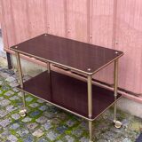 Desserte table roulante en palissandre marron avec pieds en cannelure dorés