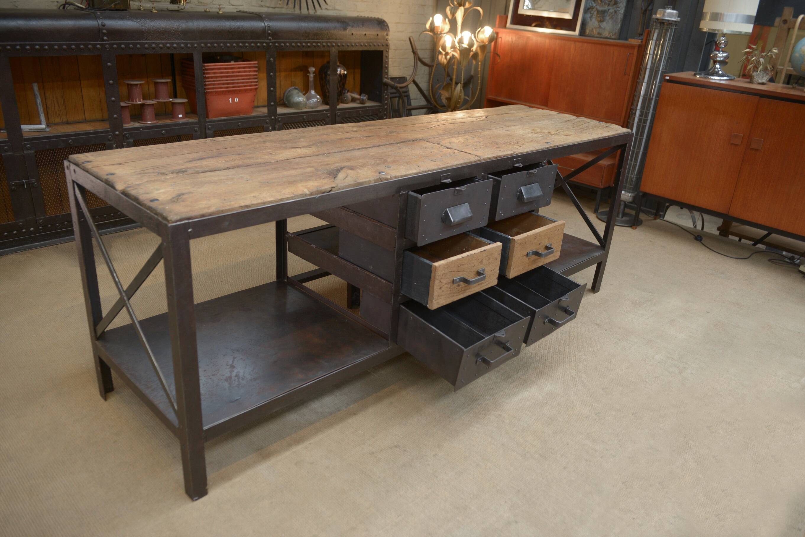 Industrial sideboard from metal and wood factory 1950