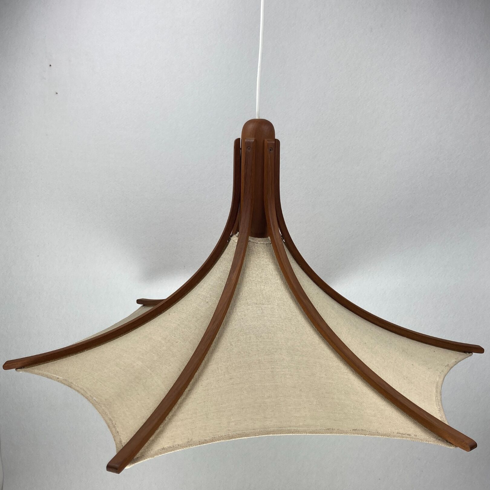 Teak and linen umbrella pendant by Domus, 1970s