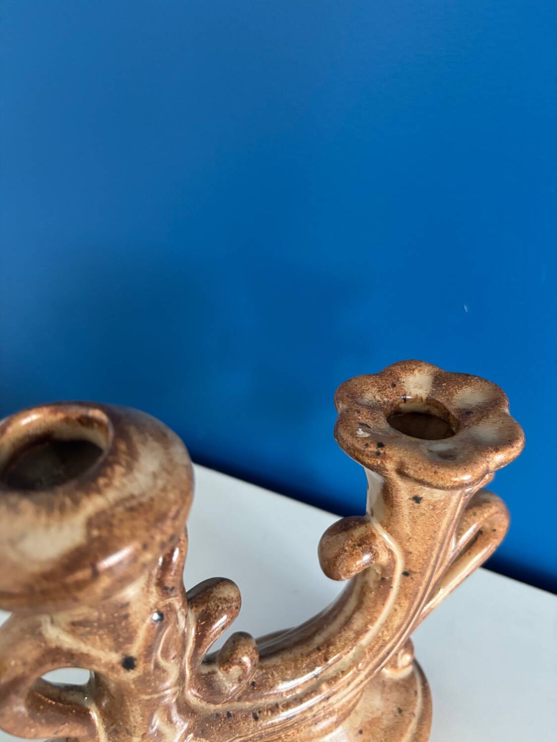 Vintage brown ceramic rustic style candlestick - vintage candle holder