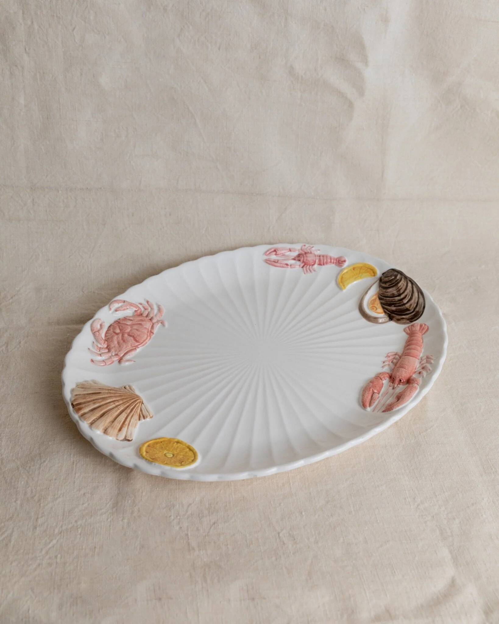 XL White Ceramic Oval Seafood Plate, 1980s Japan, Hand-Painted Relief, Vintage Decor