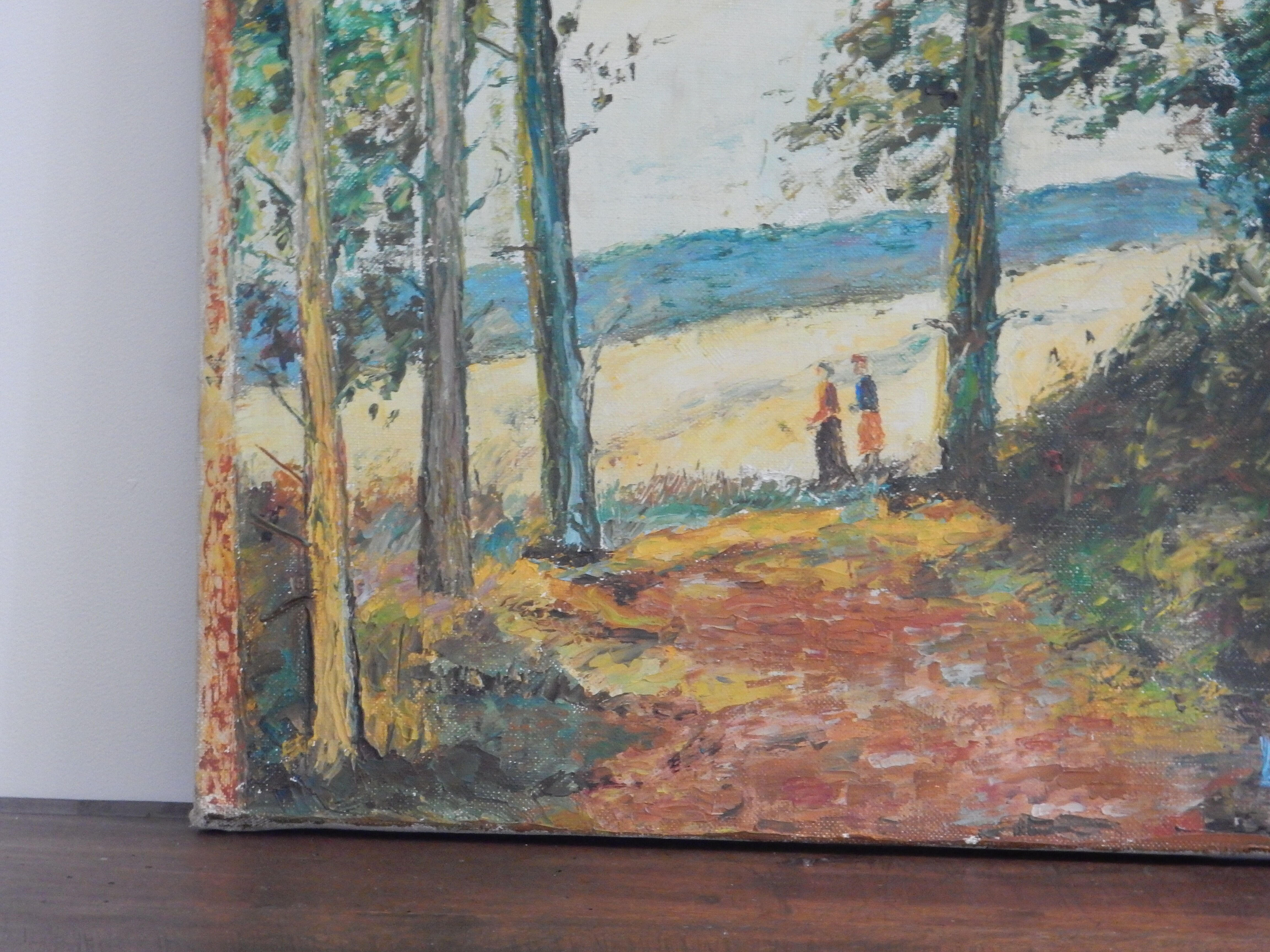 Oil on canvas painting forest by the sea