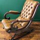 Rocking Chair Chesterfield in Tawny Leather & Solid Wood – Impeccable Condition