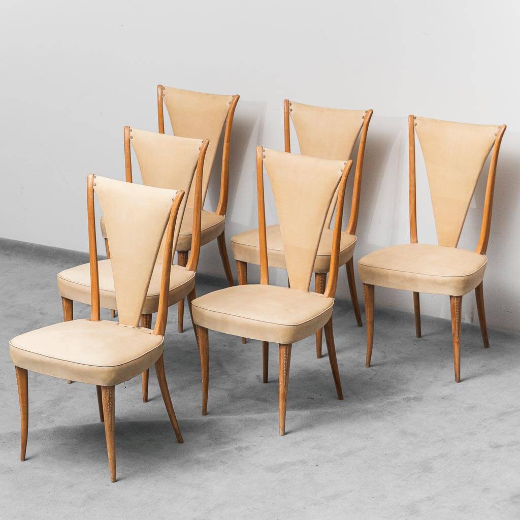 Ensemble de 6 chaises, simili cuir et bois, modernisme vintage années 50