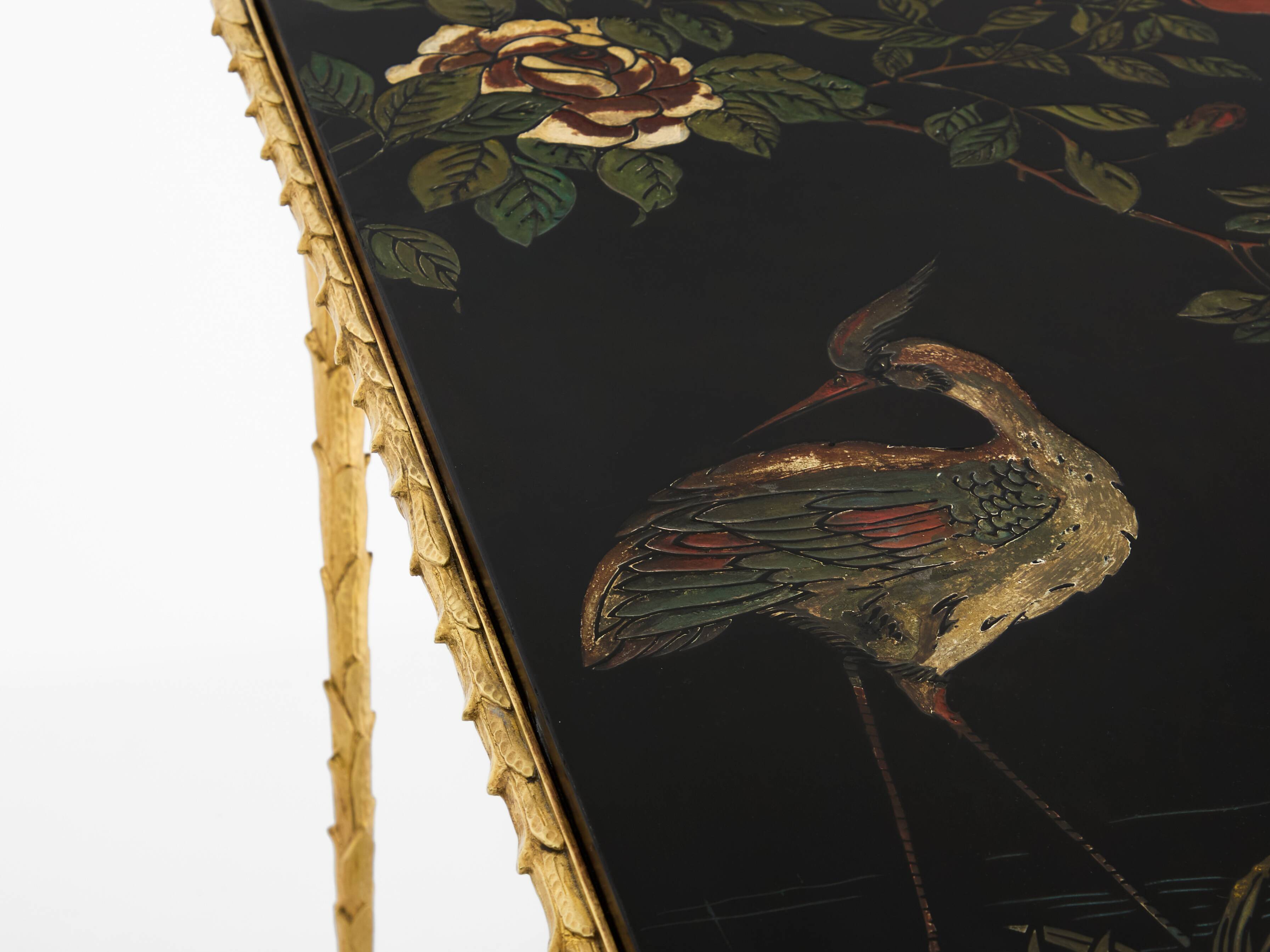 Bronze-gilded foliage side tables, Chinese lacquer, Maison Baguès, 1950.