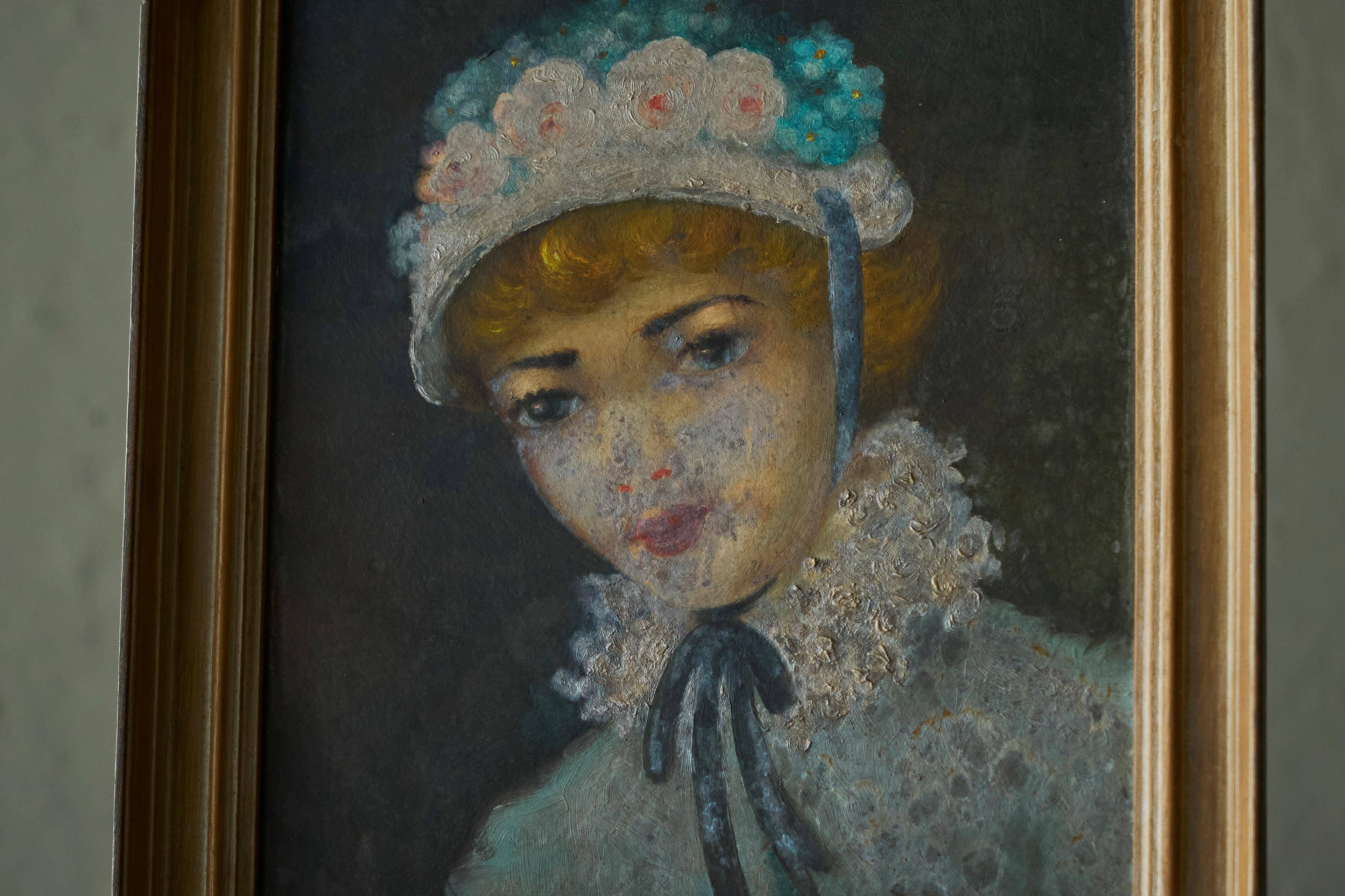 Oil portrait of a woman with a floral bonnet, Belgium, 1920s.