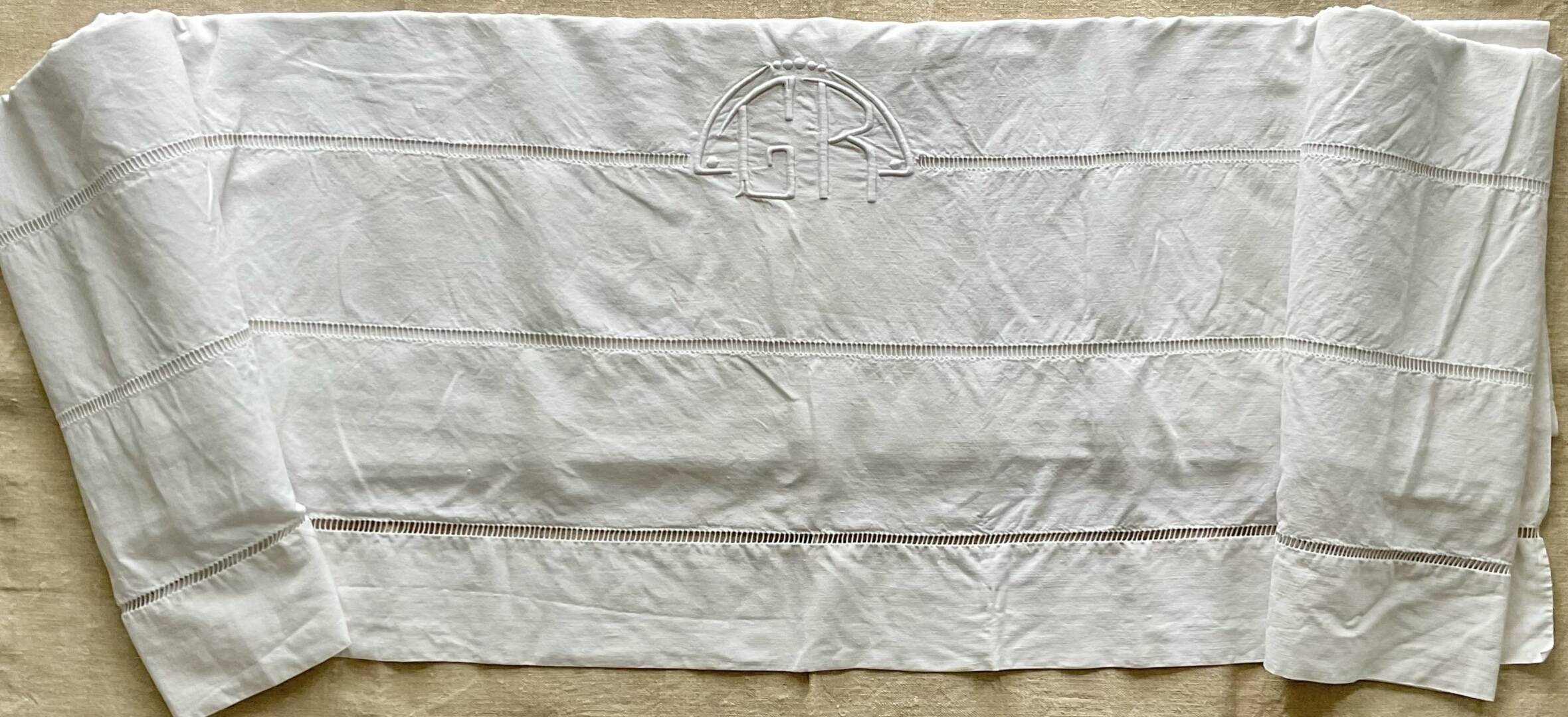 Antique linen sheet hand-embroidered with GR monogram