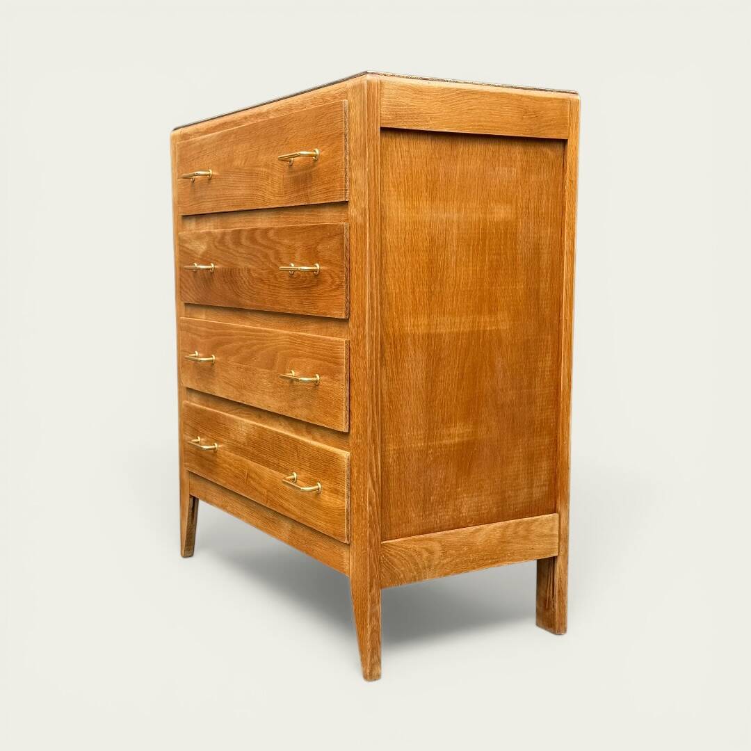 Vintage chest of drawers with tapered legs, solid raw oak, 1960.