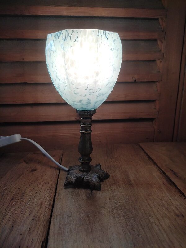 Bedside lamp patinated golden brass tulip glass Clichy bluish