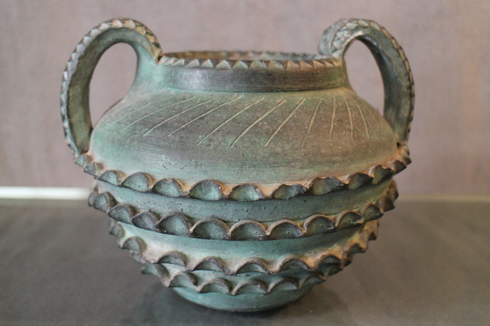 Terracotta vase with ceramic bronze green patina vase