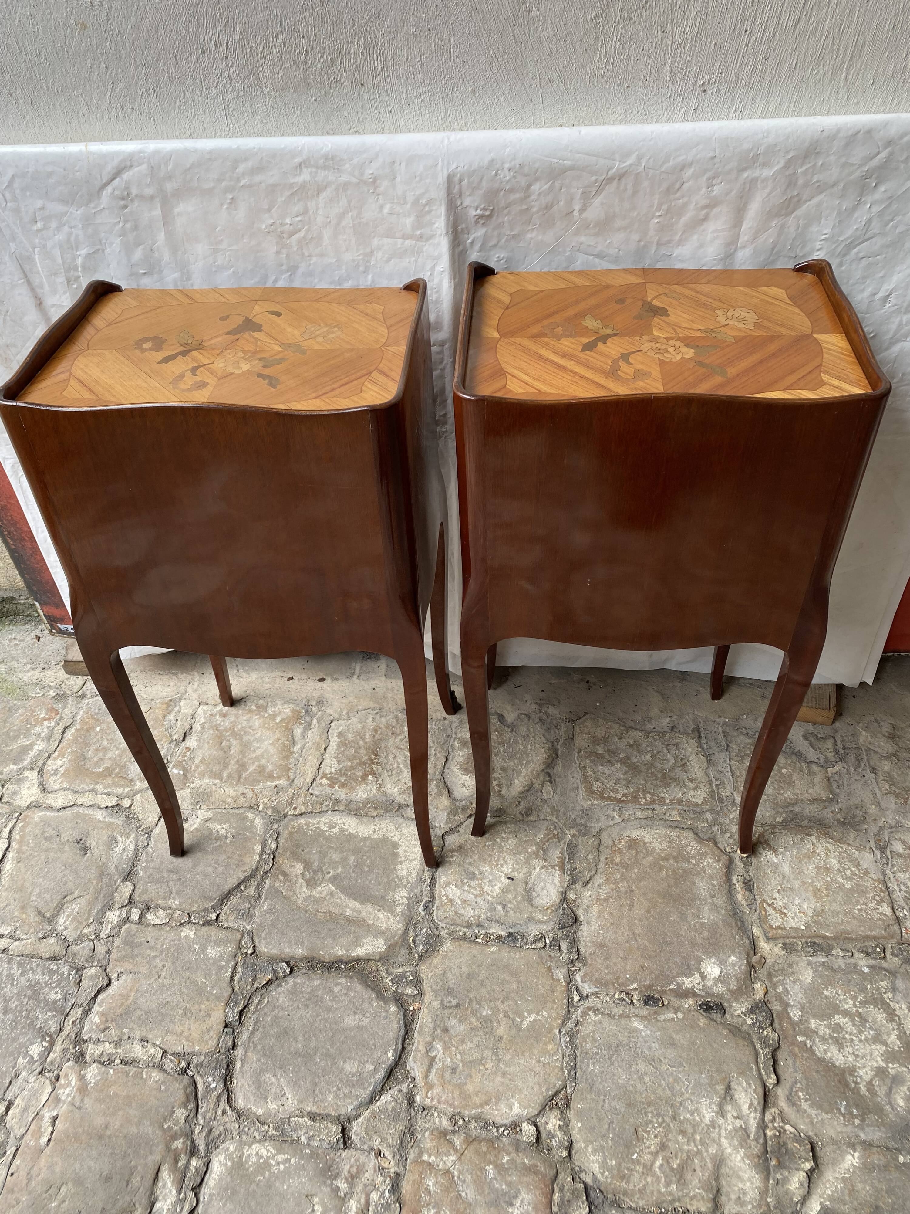 Pair of bedside tables/side tables in Louis XV style marquetry.