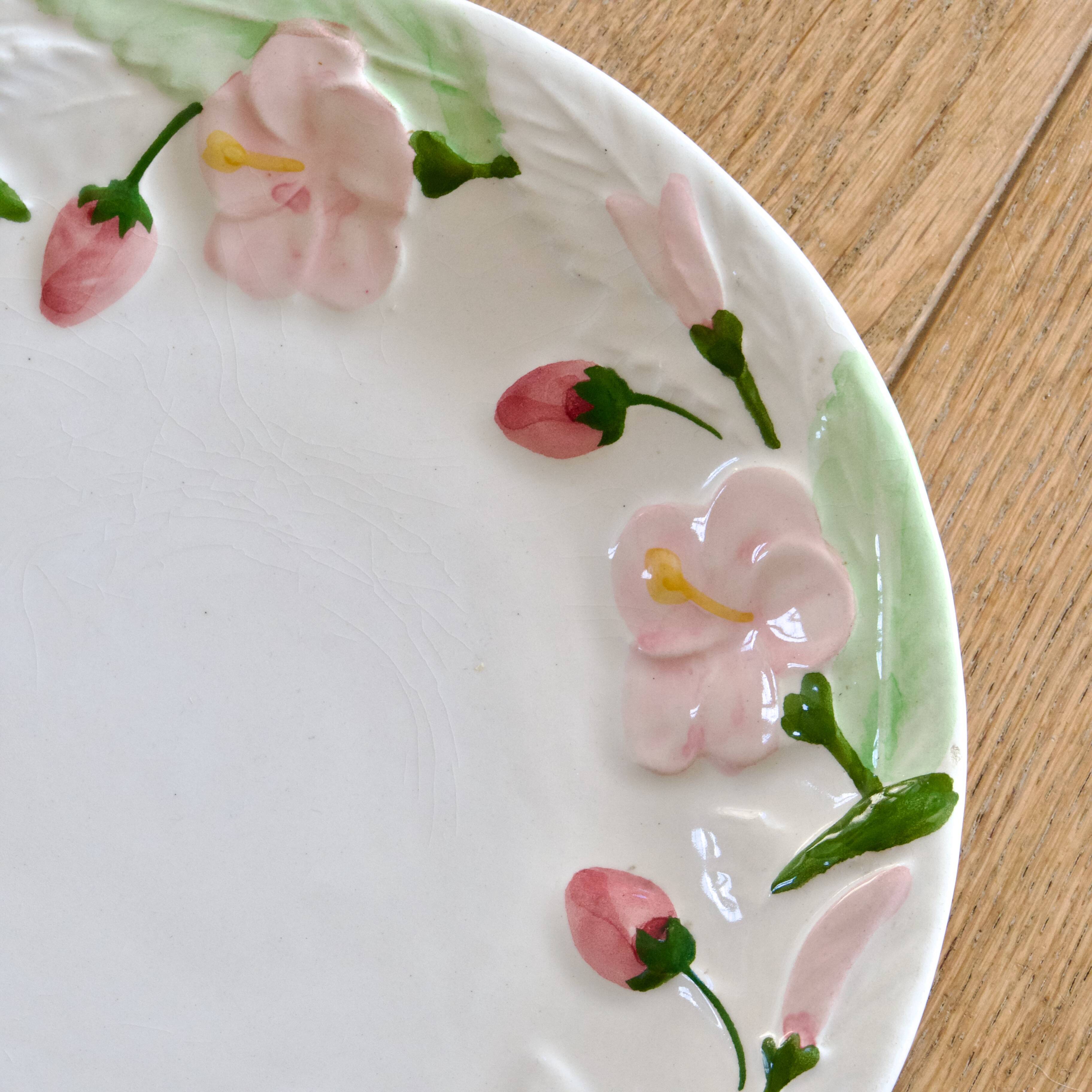 Vintage Portuguese earthenware dish with strawberries and pink flowers
