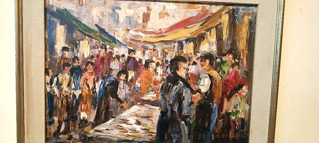 Oil painting on canvas "fish market" 70s canvas 70x50 cm signed