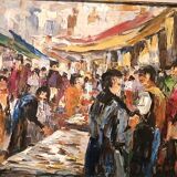 Oil painting on canvas "fish market" 70s canvas 70x50 cm signed