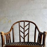 Rare McGuire 1970s dark brown rattan armchairs — set of 6, bamboo bindings, mid-century boho