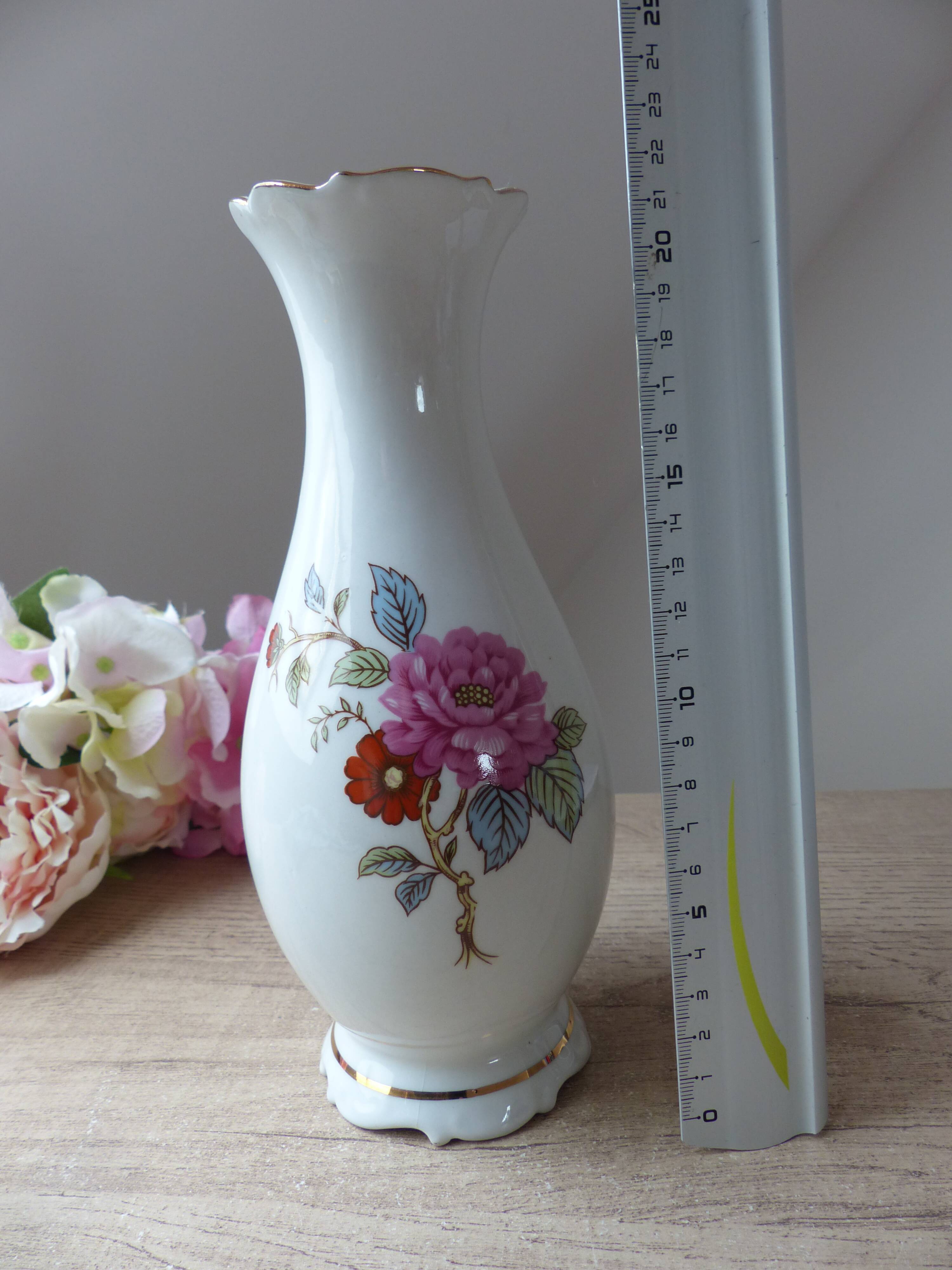 Porcelain vase pink flowers motif made in portugal