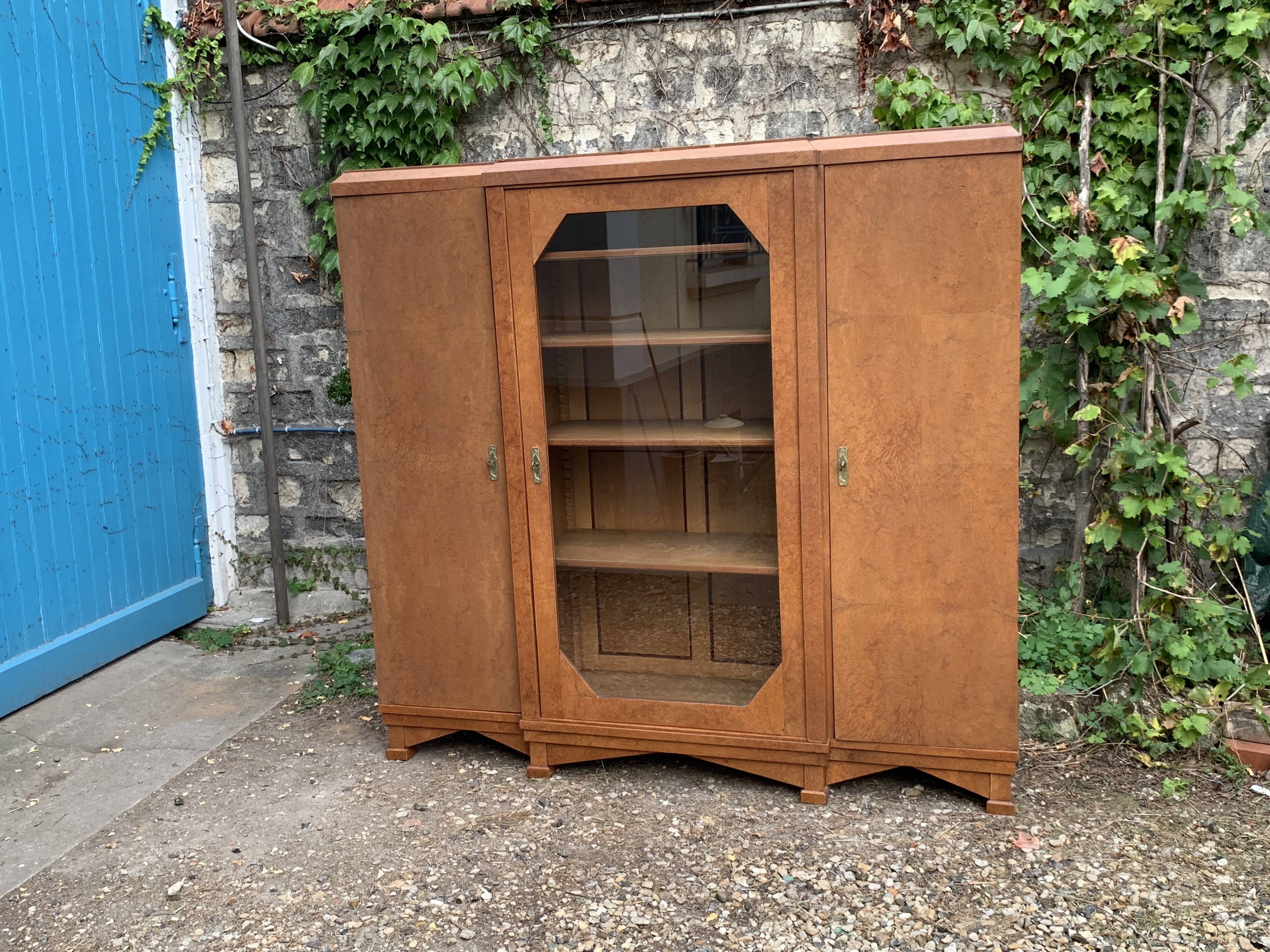 Art deco glass china cabinet in burr walnut 1930
