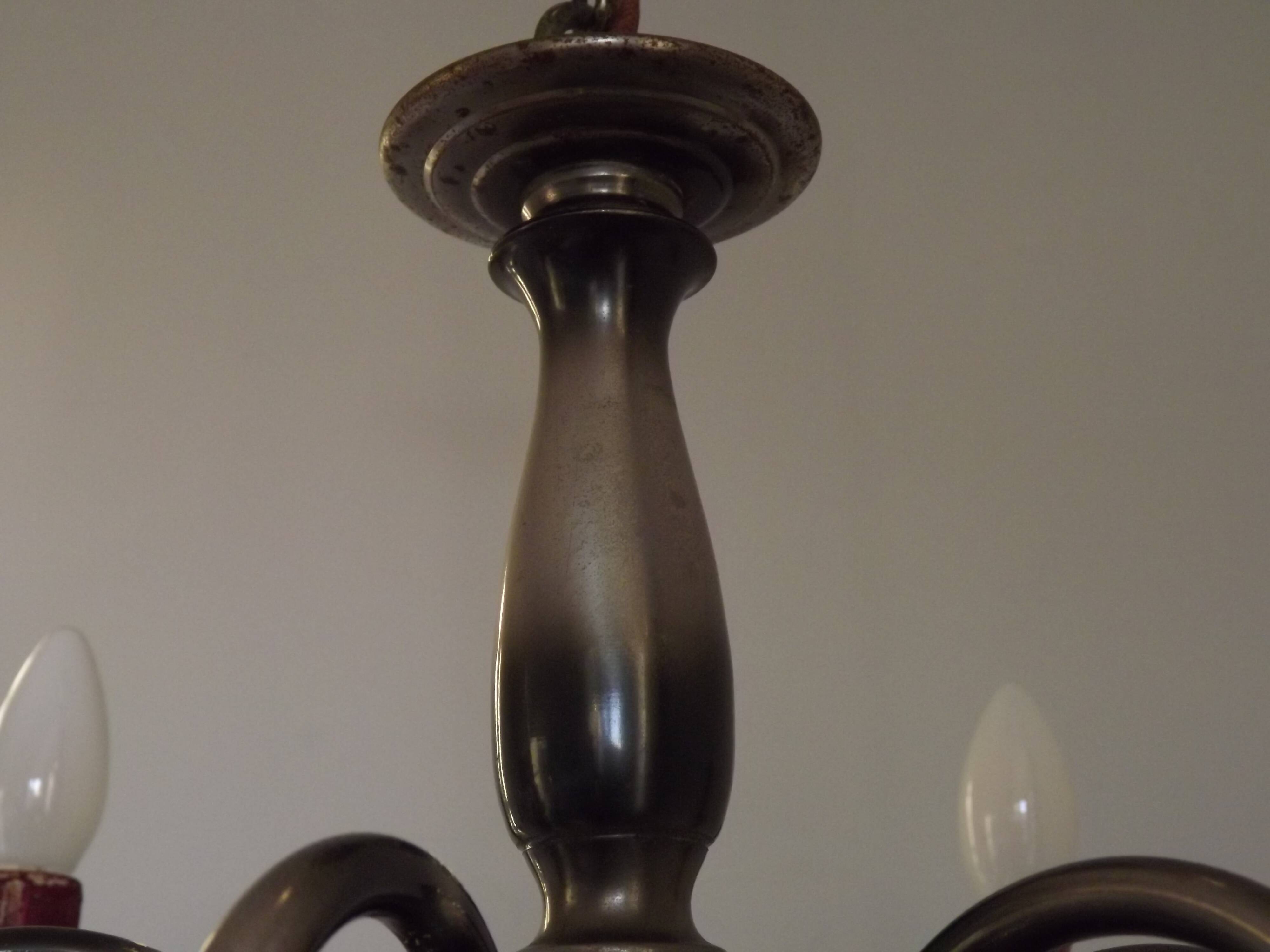 French Vintage Two-Tone Silver Metal 6-Light Flemish Chandelier with Red Drips