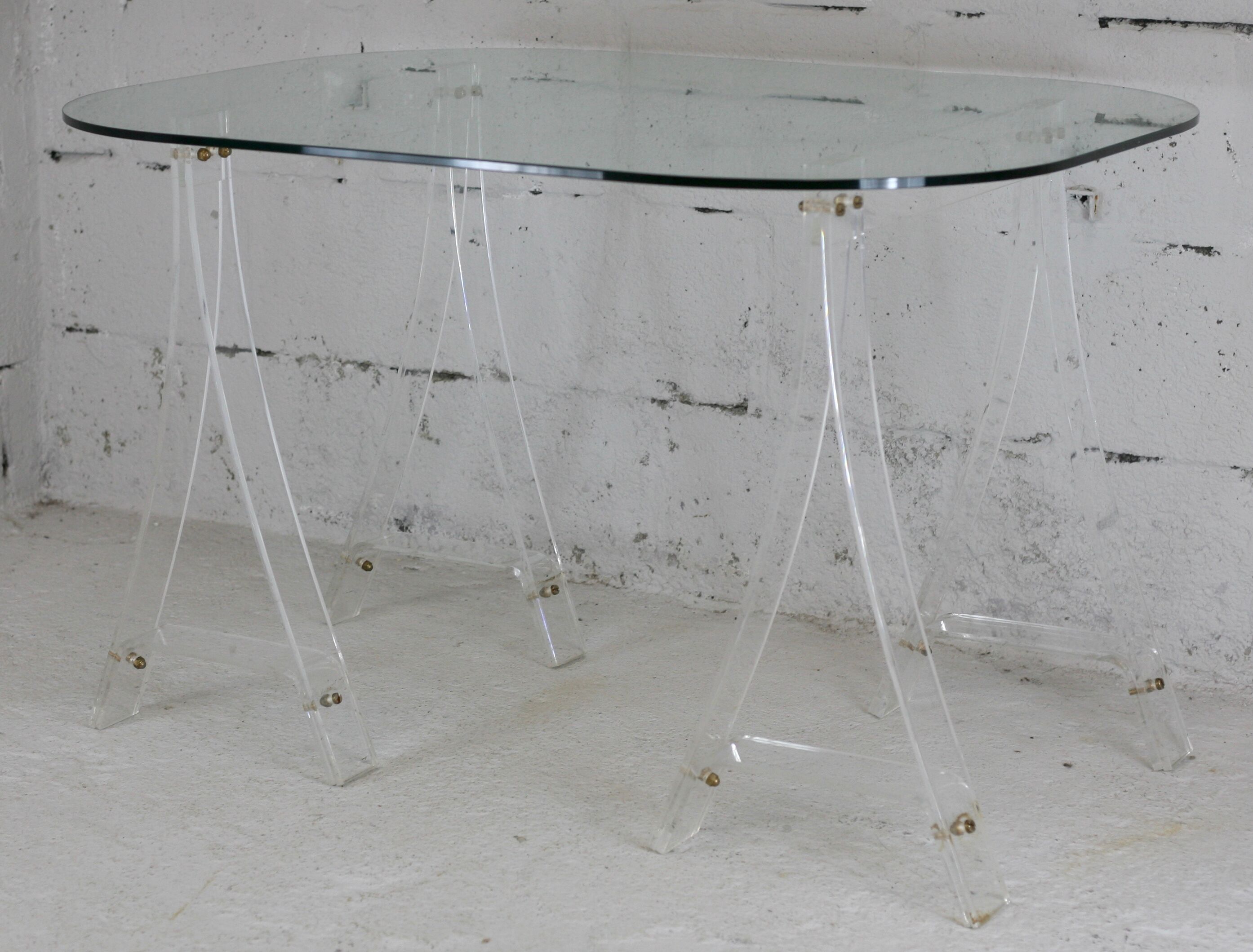 Office Plexiglas trestles, glass tray rounded edges, France, circa 1970