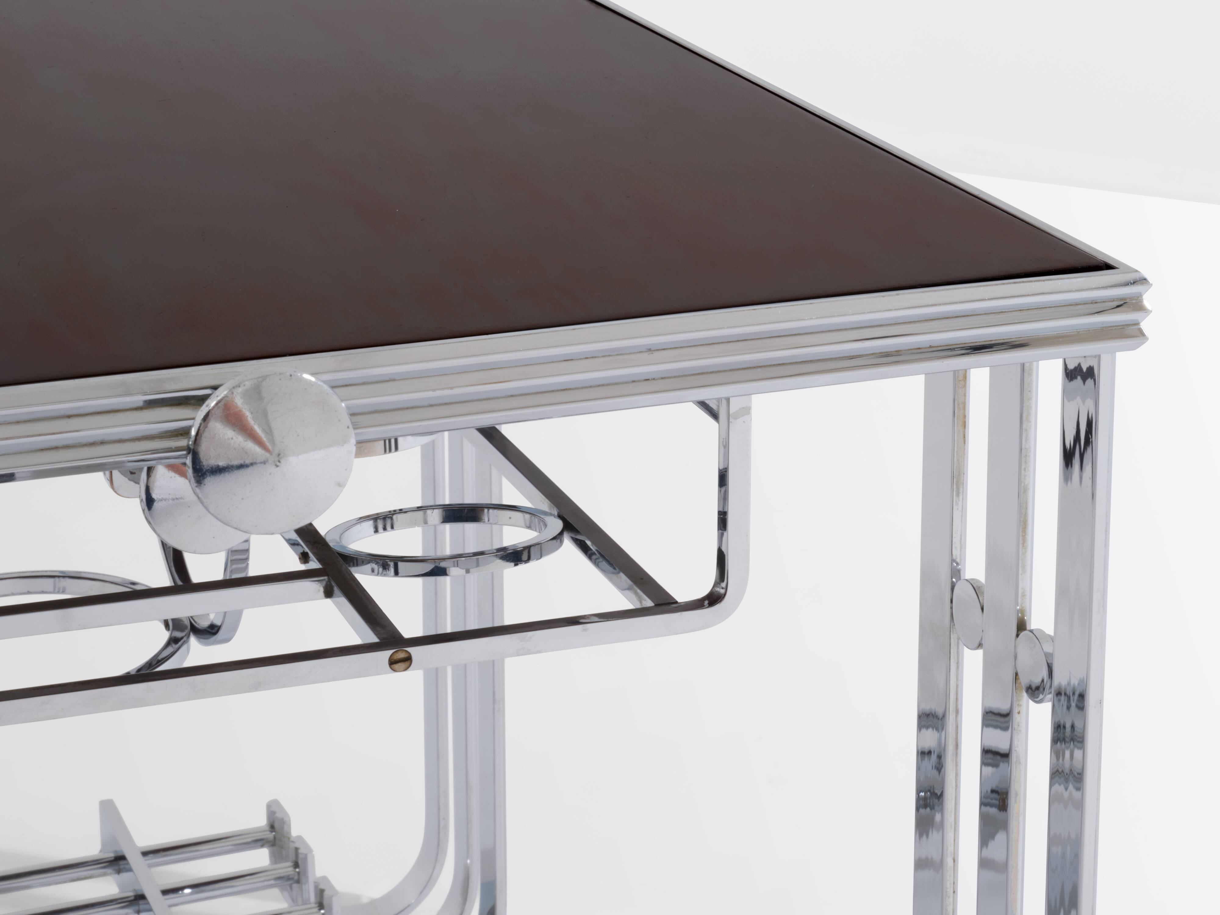 Modernist Art Deco walnut and nickel-plated metal bar table circa 1930