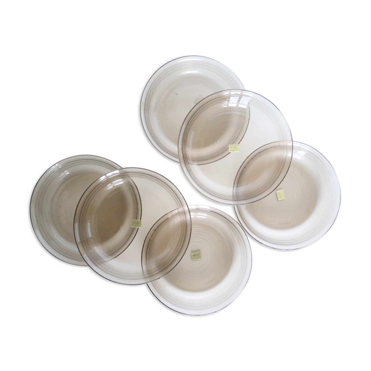 Set of 6 hollow plates Arcoroc, in gray smoked glass, vintage French