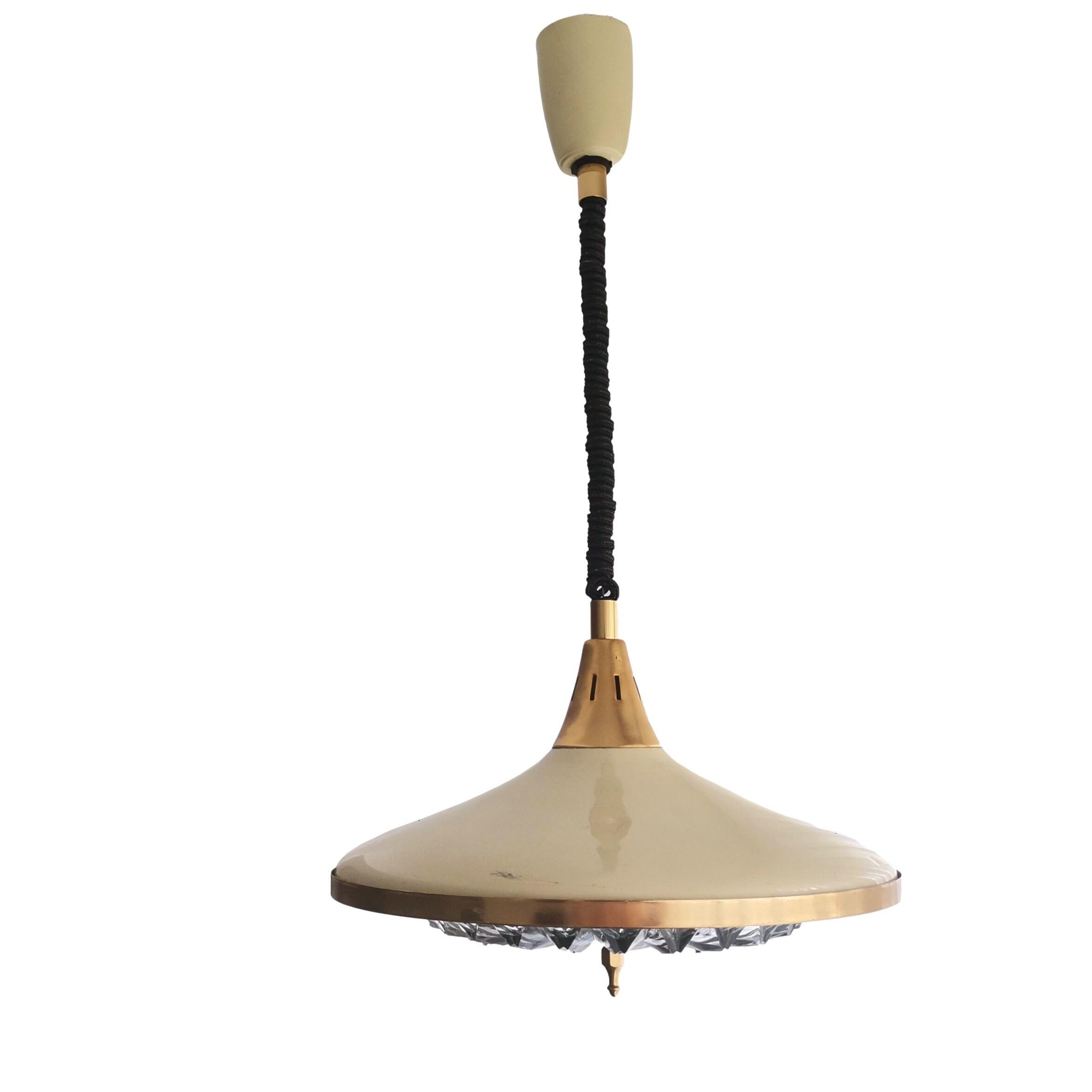 1960s mid century cream metal and crystal pull down large hanging lamp