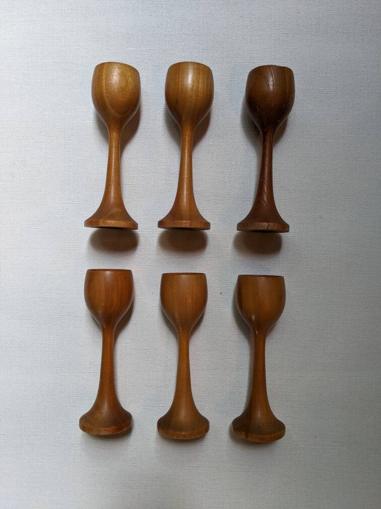 Egg cups on turned wooden legs, Scandinavian country decor