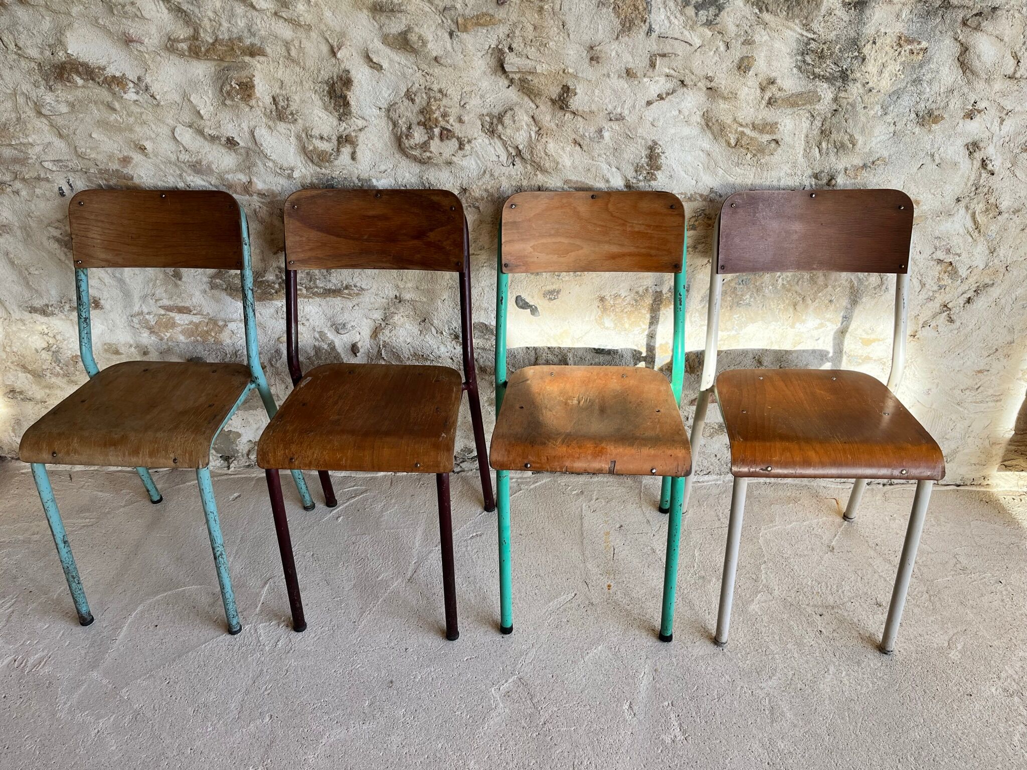 Set of 4 mismatched old school style chairs