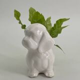 Cache pot chien en porcelaine blanc vintage