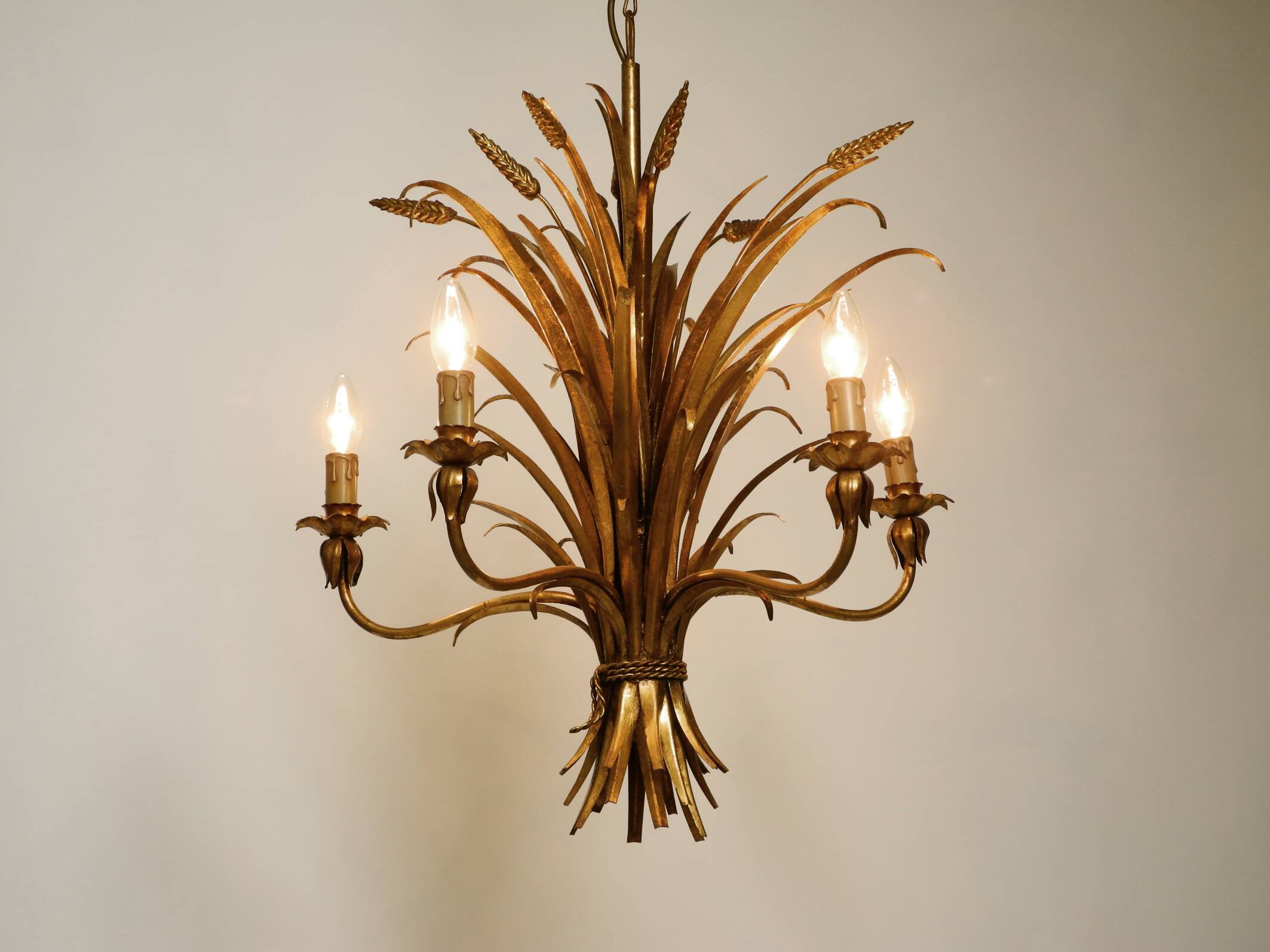Beautiful huge 1970s gold-plated 5-arm tall metal chandelier by Hans Kögl