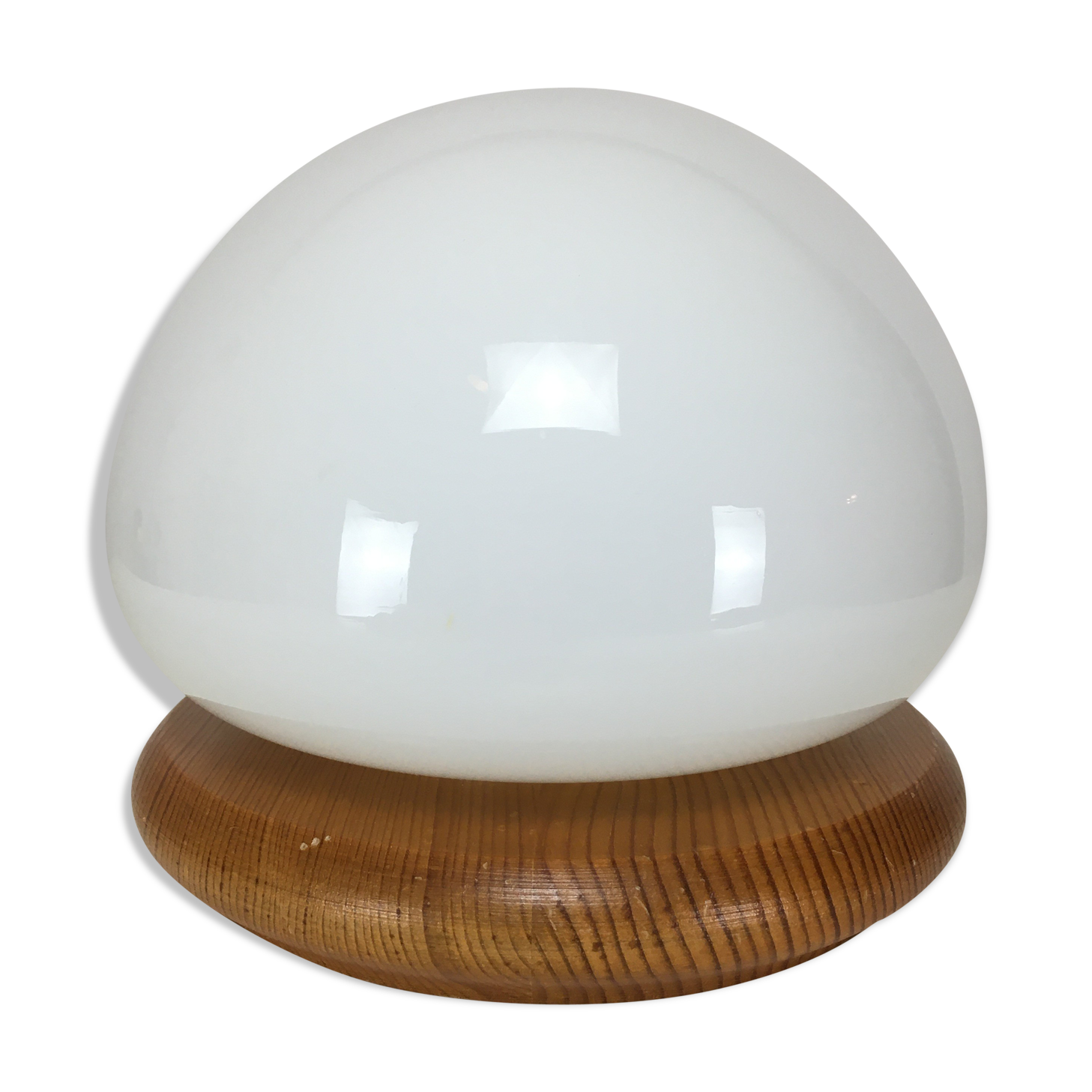 Mushroom lamp, white opaline on pine base