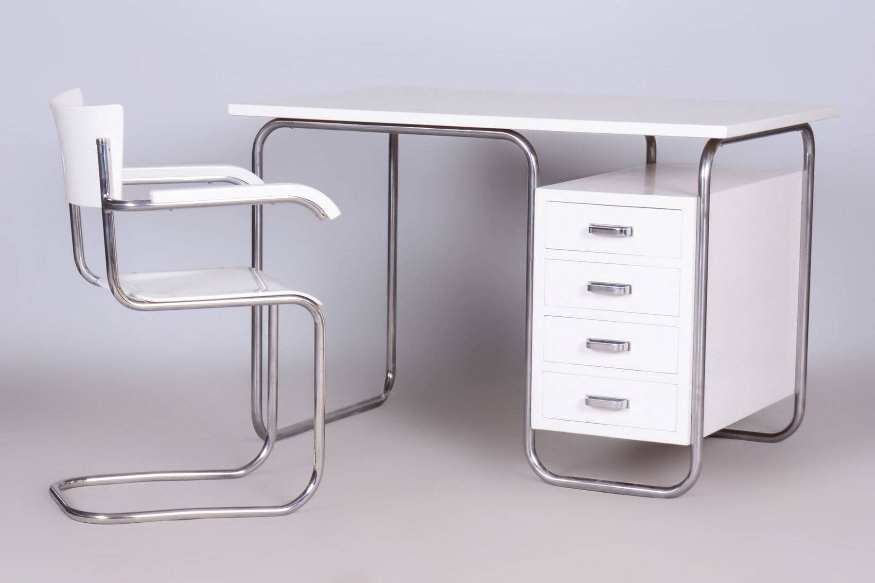 Czech Bauhaus Writing Desk with Chair in Chrome and Lacquered Wood, 1930s, Set of 2